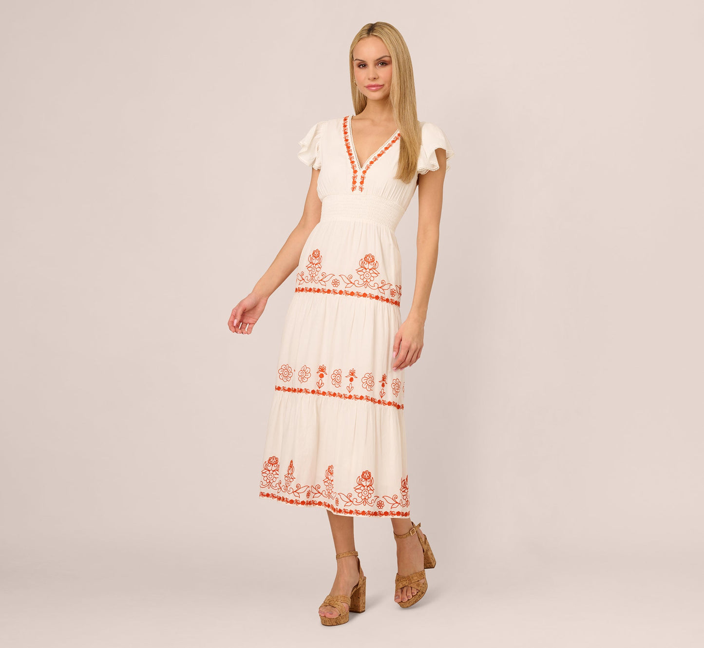 Embroidered Flutter Sleeve Tiered Midi Dress In Ivory Red Multi