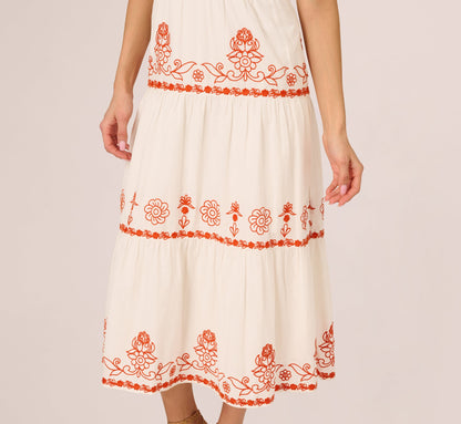 Embroidered Flutter Sleeve Tiered Midi Dress In Ivory Red Multi