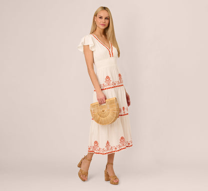 Embroidered Flutter Sleeve Tiered Midi Dress In Ivory Red Multi