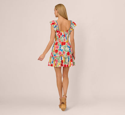 Square Neck Floral Ruffle Short Dress In Ivory Multi