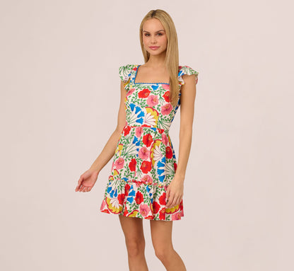 Square Neck Floral Ruffle Short Dress In Ivory Multi