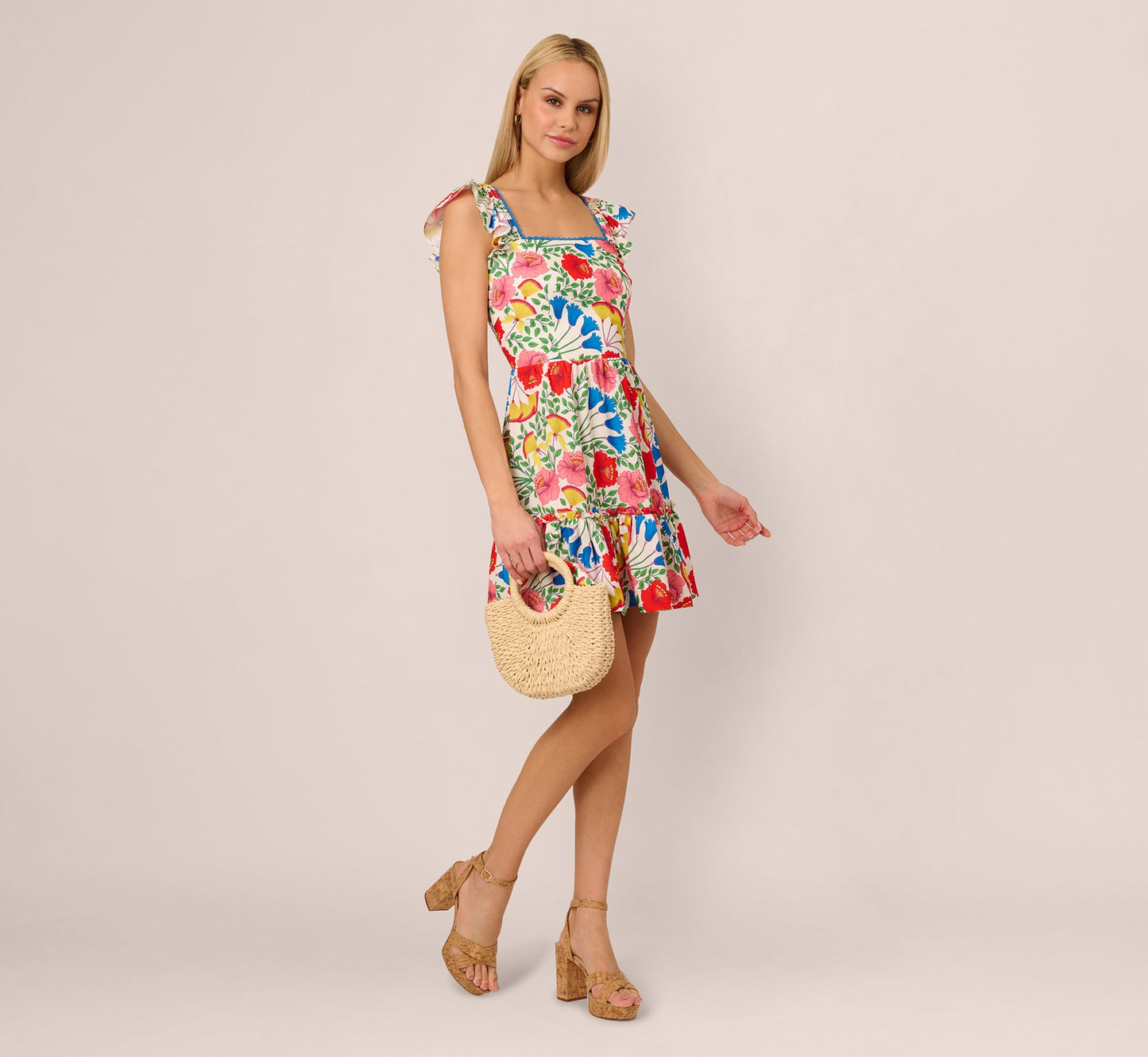 Square Neck Floral Ruffle Short Dress In Ivory Multi