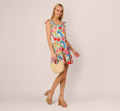 Square Neck Floral Ruffle Short Dress In Ivory Multi