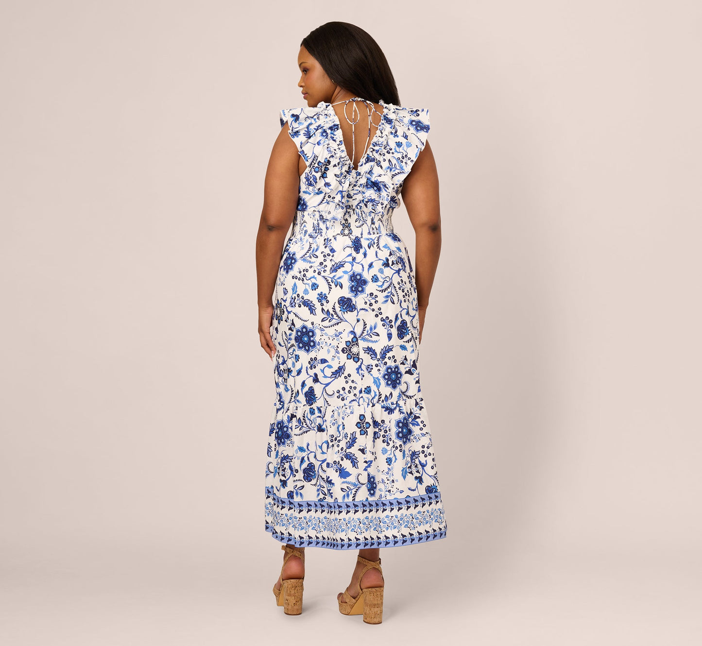 Plus Size Sleeveless Ruffle Collar Printed Midi Dress In White Blue Multi
