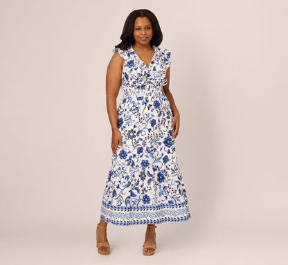 Plus Size Sleeveless Ruffle Collar Printed Midi Dress In White Blue Multi