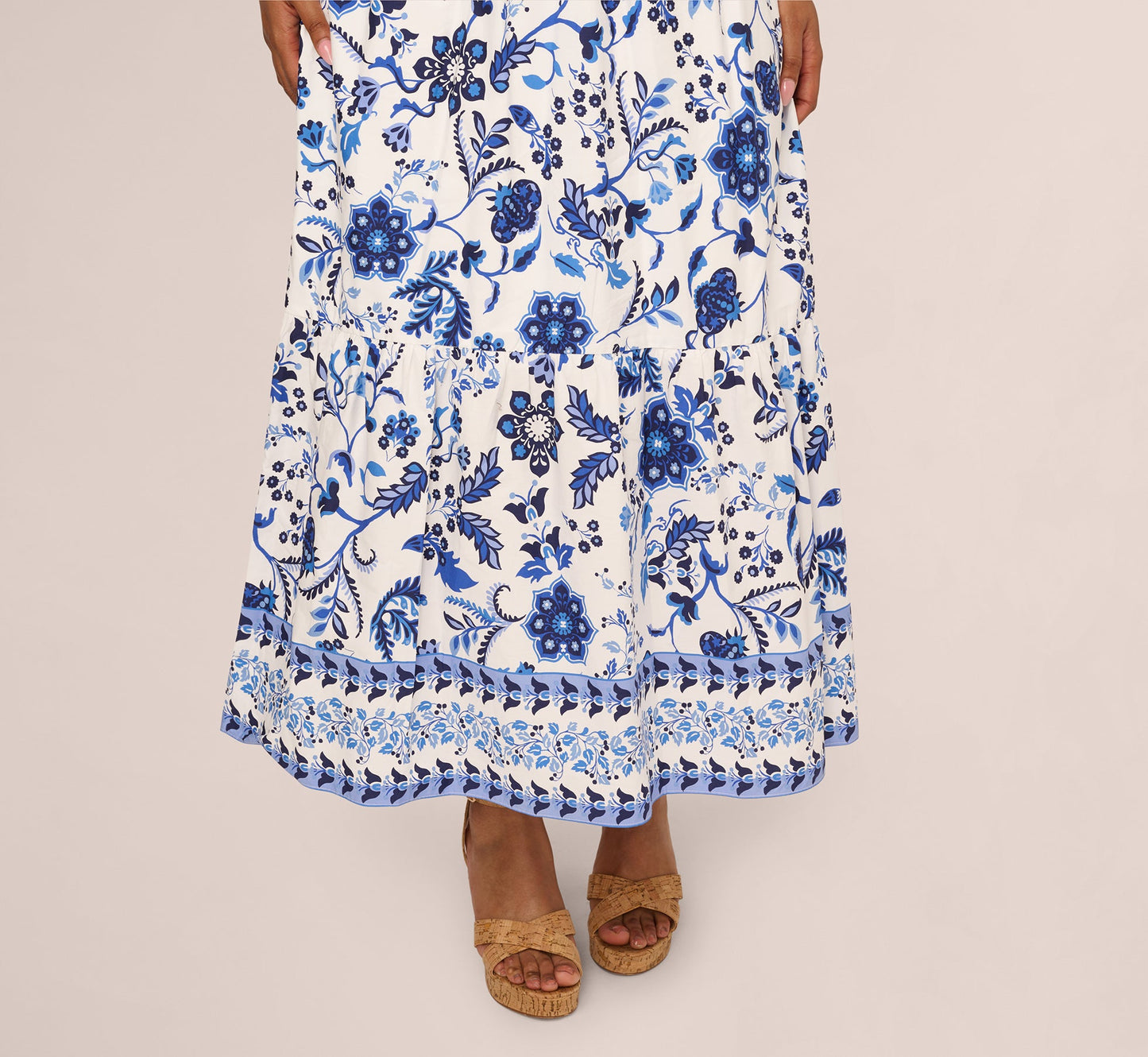 Plus Size Sleeveless Ruffle Collar Printed Midi Dress In White Blue Multi