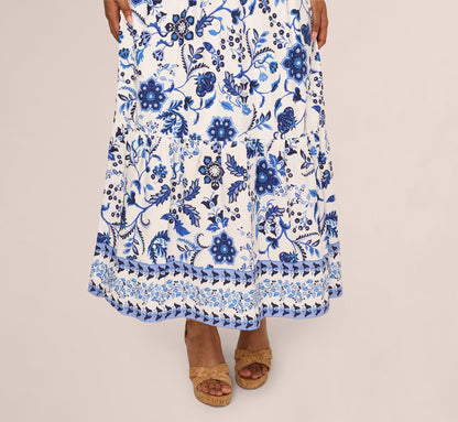Plus Size Sleeveless Ruffle Collar Printed Midi Dress In White Blue Multi