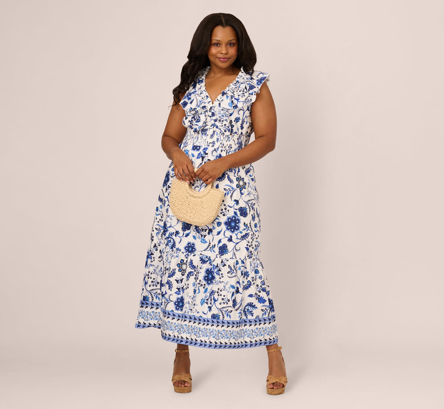 Plus Size Sleeveless Ruffle Collar Printed Midi Dress In White Blue Multi