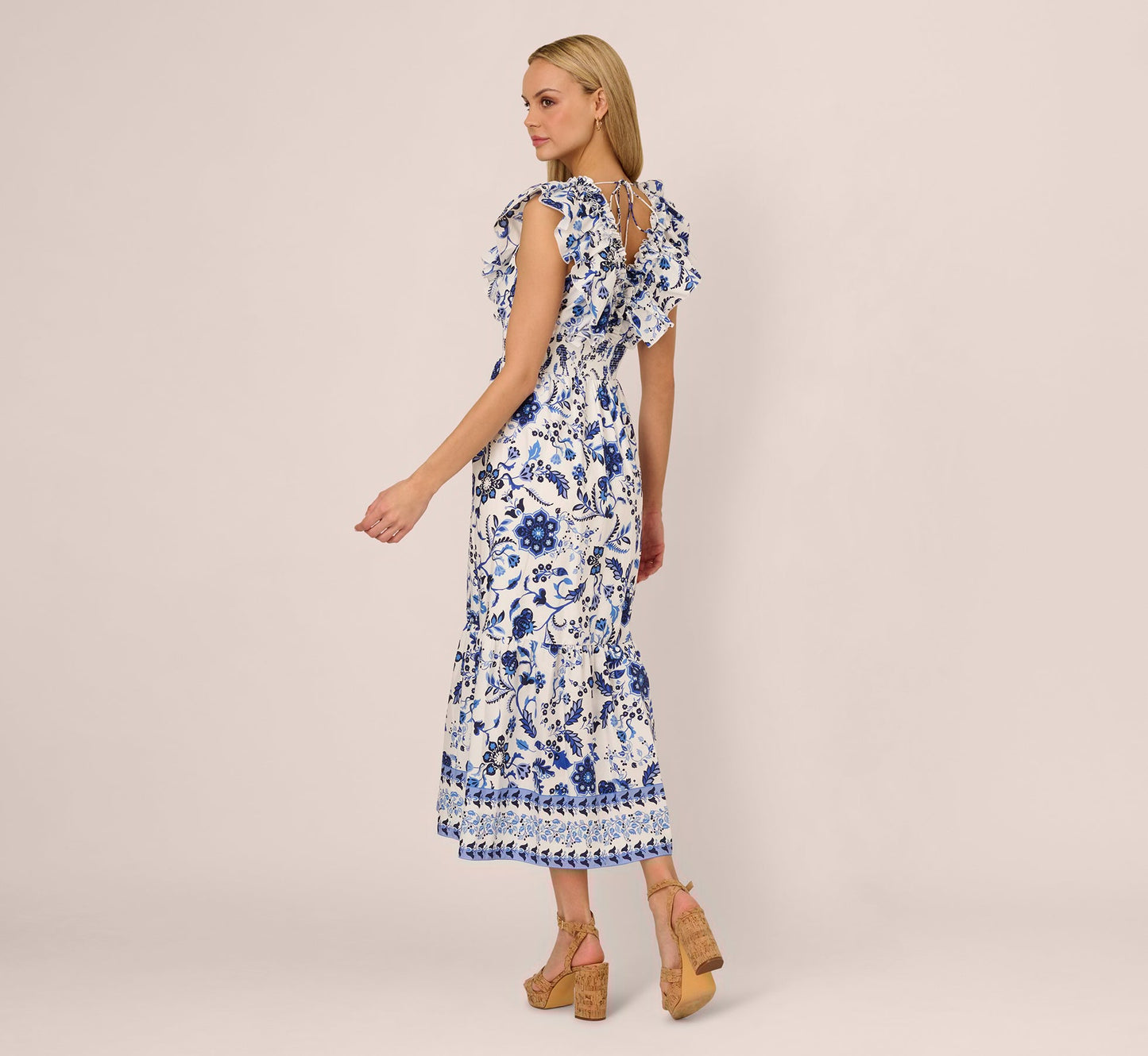 Sleeveless Ruffle Collar Printed Midi Dress In White Blue Multi