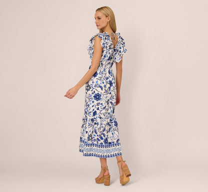Sleeveless Ruffle Collar Printed Midi Dress In White Blue Multi