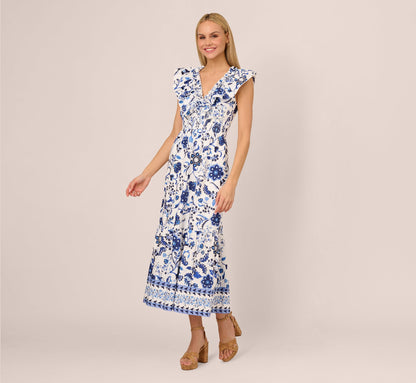 Sleeveless Ruffle Collar Printed Midi Dress In White Blue Multi