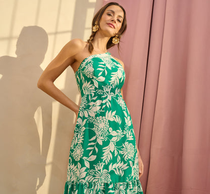 One Shoulder Floral Flounce Midi Dress In Green White