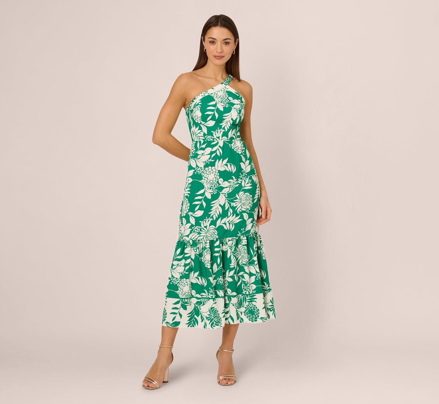 One Shoulder Floral Flounce Midi Dress In Green White
