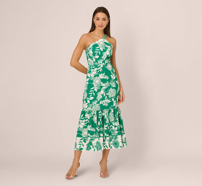 One Shoulder Floral Flounce Midi Dress In Green White