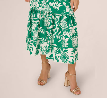 One Shoulder Floral Flounce Midi Dress In Green White