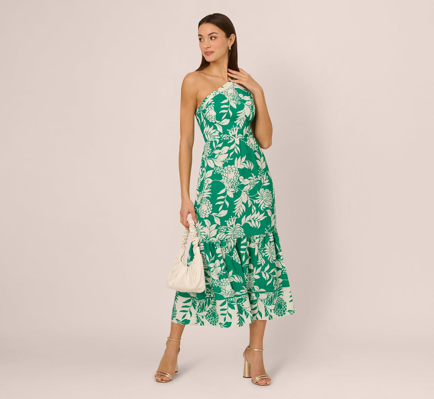 One Shoulder Floral Flounce Midi Dress In Green White
