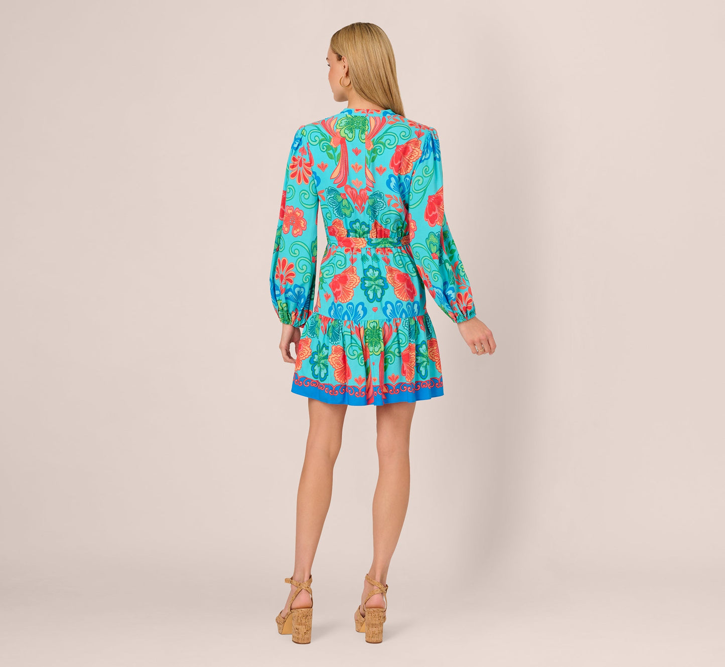 Long Sleeve Printed Flounce Dress In Blue Multi