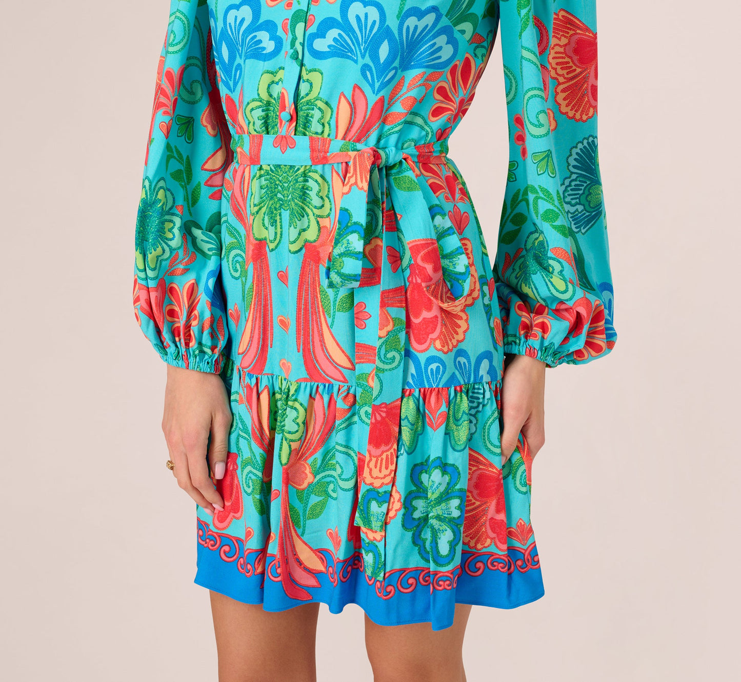 Long Sleeve Printed Flounce Dress In Blue Multi