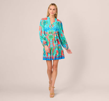 Long Sleeve Printed Flounce Dress In Blue Multi