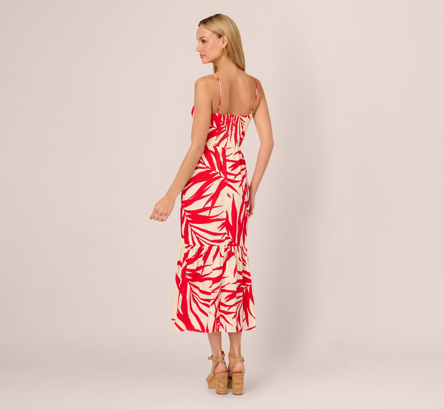 Beaded Strap Palm Leaf Flounce Sundress In Red Ivory