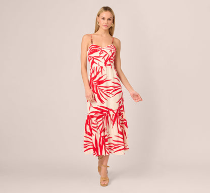 Beaded Strap Palm Leaf Flounce Sundress In Red Ivory