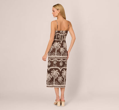 Sleeveless Bow Front Palm Tree Sundress In Brown Ivory