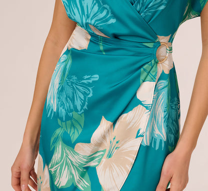 Short Sleeve Tropical Floral Short Wrap Dress In Blue Multi