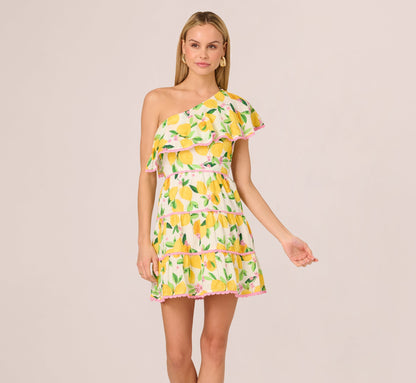One Shoulder Ruffle Lemon Print Mini Dress In White Multi