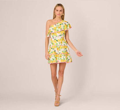 One Shoulder Ruffle Lemon Print Mini Dress In White Multi