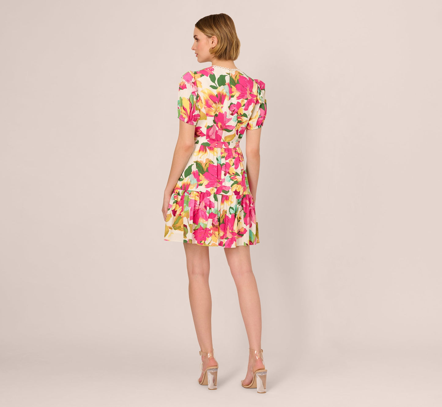 Puff Sleeve Flounce Mini Dress In White Multi