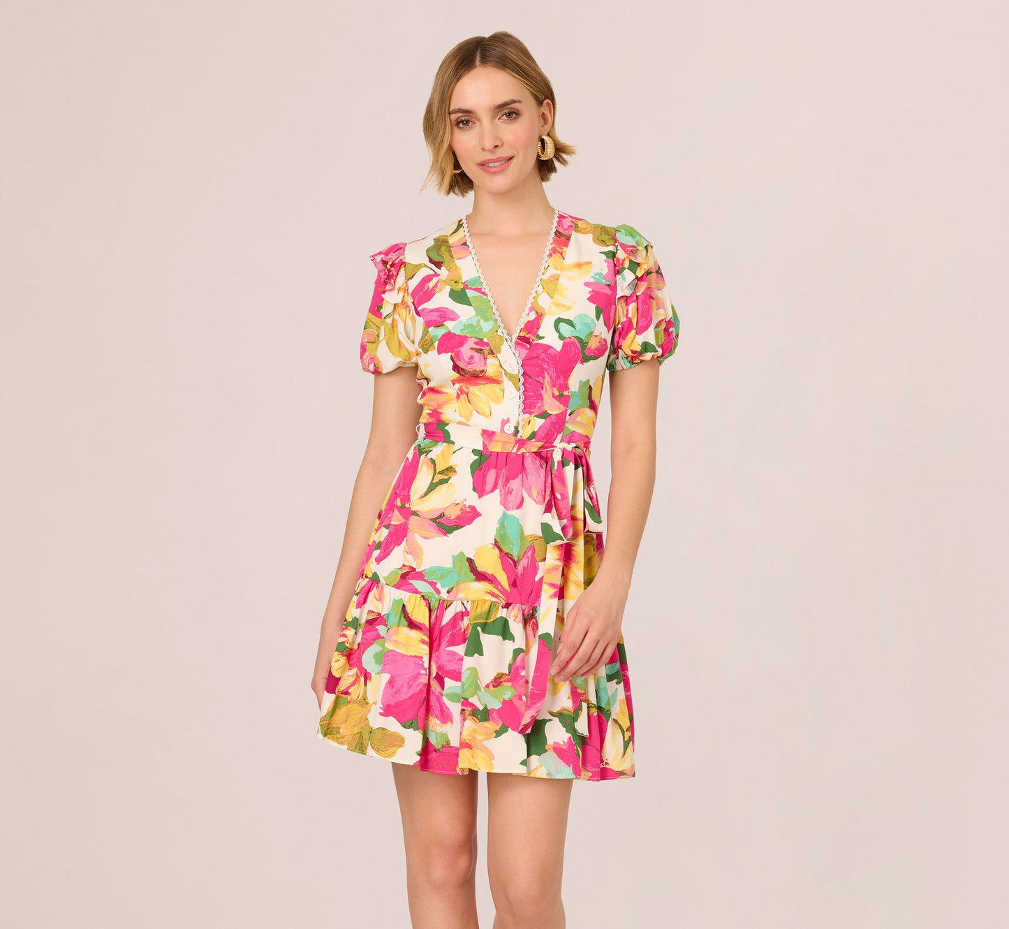 Puff Sleeve Flounce Mini Dress In White Multi