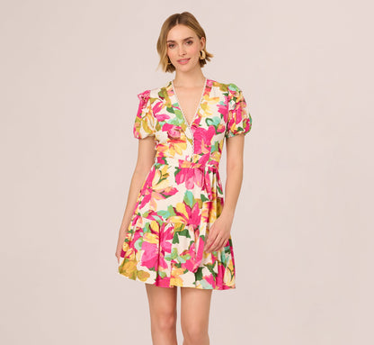 Puff Sleeve Flounce Mini Dress In White Multi