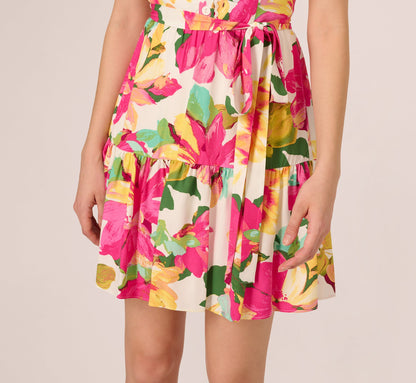 Puff Sleeve Flounce Mini Dress In White Multi