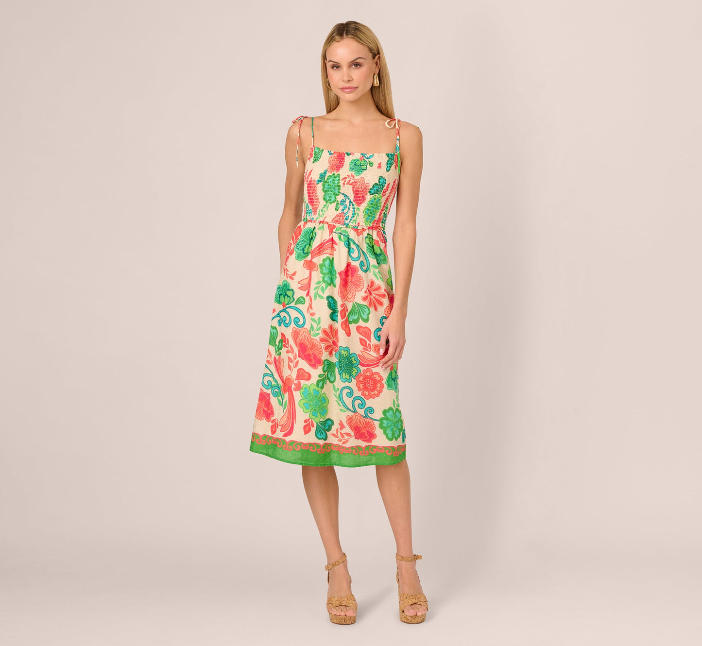Floral Shirred Cotton Midi Sundress In Ivory Multi