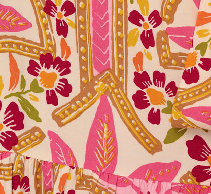 Long Sleeve Printed Short Flounce Dress In Pink Multi