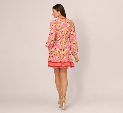 Long Sleeve Printed Short Flounce Dress In Pink Multi