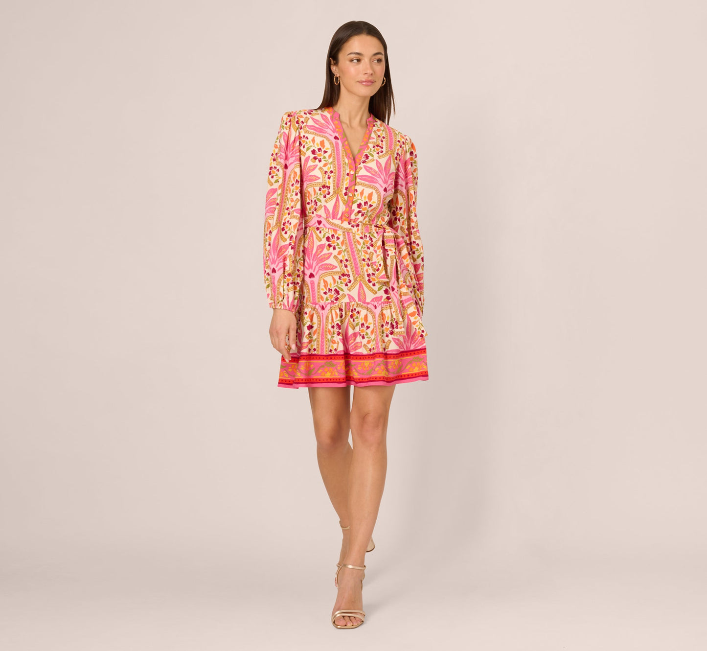 Long Sleeve Printed Short Flounce Dress In Pink Multi