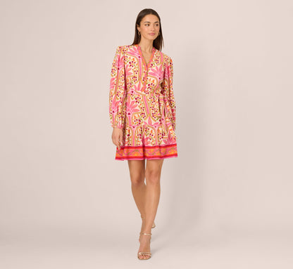 Long Sleeve Printed Short Flounce Dress In Pink Multi