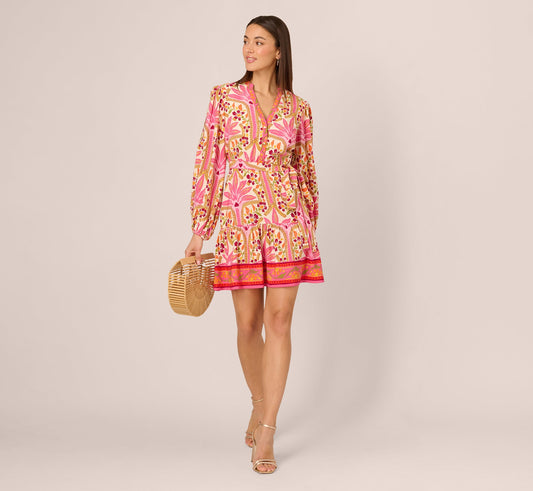 Long Sleeve Printed Short Flounce Dress In Pink Multi