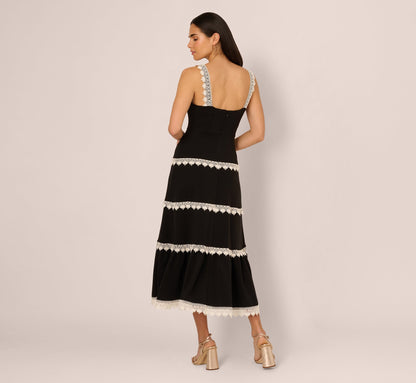 Sleeveless Crochet Lace A Line Midi Dress In Black Ecru