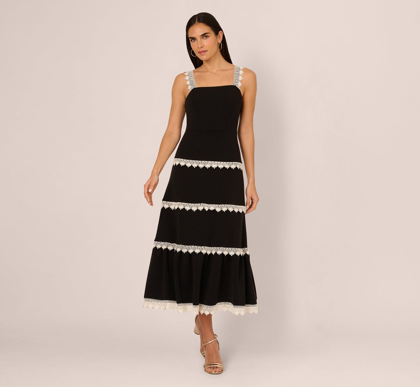 Sleeveless Crochet Lace A Line Midi Dress In Black Ecru