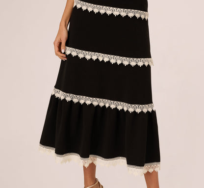 Sleeveless Crochet Lace A Line Midi Dress In Black Ecru
