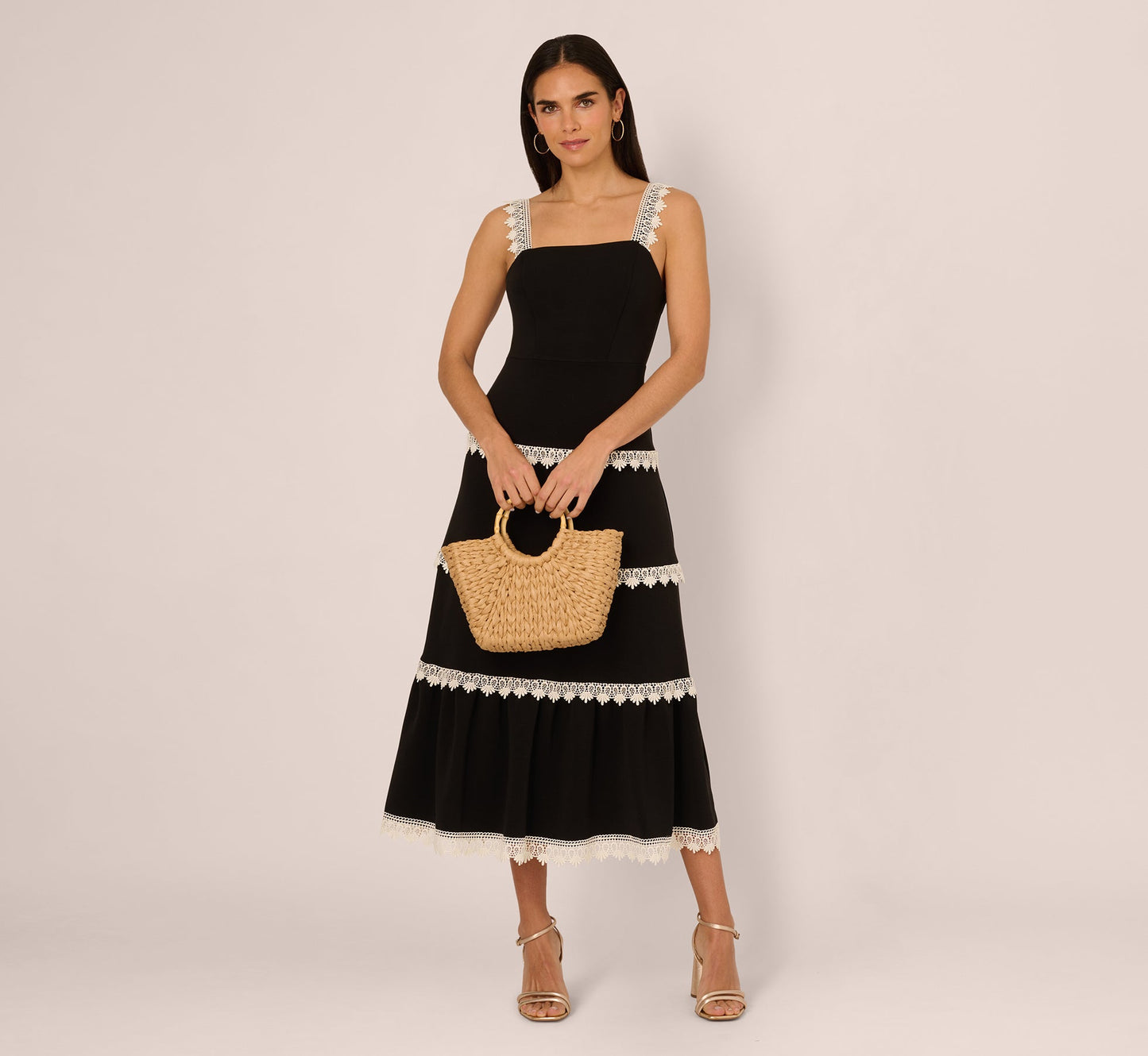 Sleeveless Crochet Lace A Line Midi Dress In Black Ecru