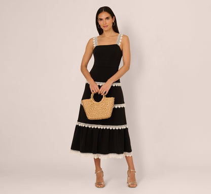 Sleeveless Crochet Lace A Line Midi Dress In Black Ecru