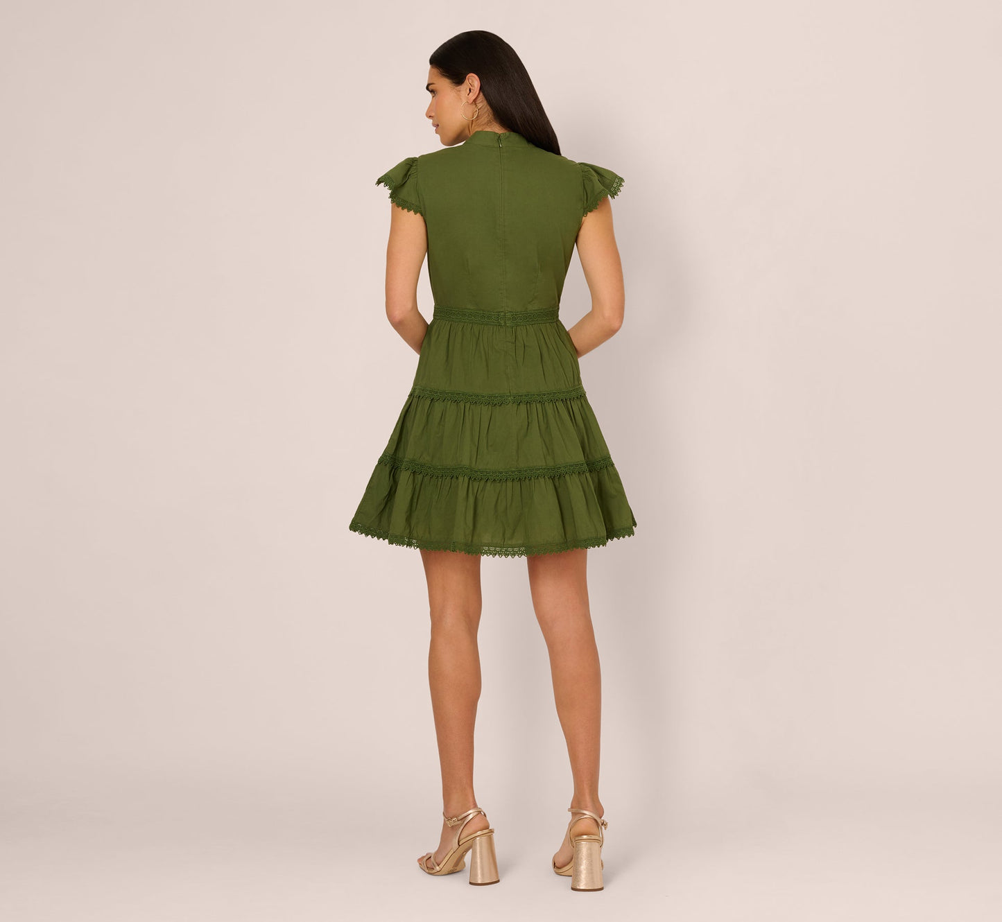 Flutter Sleeve Lace Short Cotton Dress In Olive Green