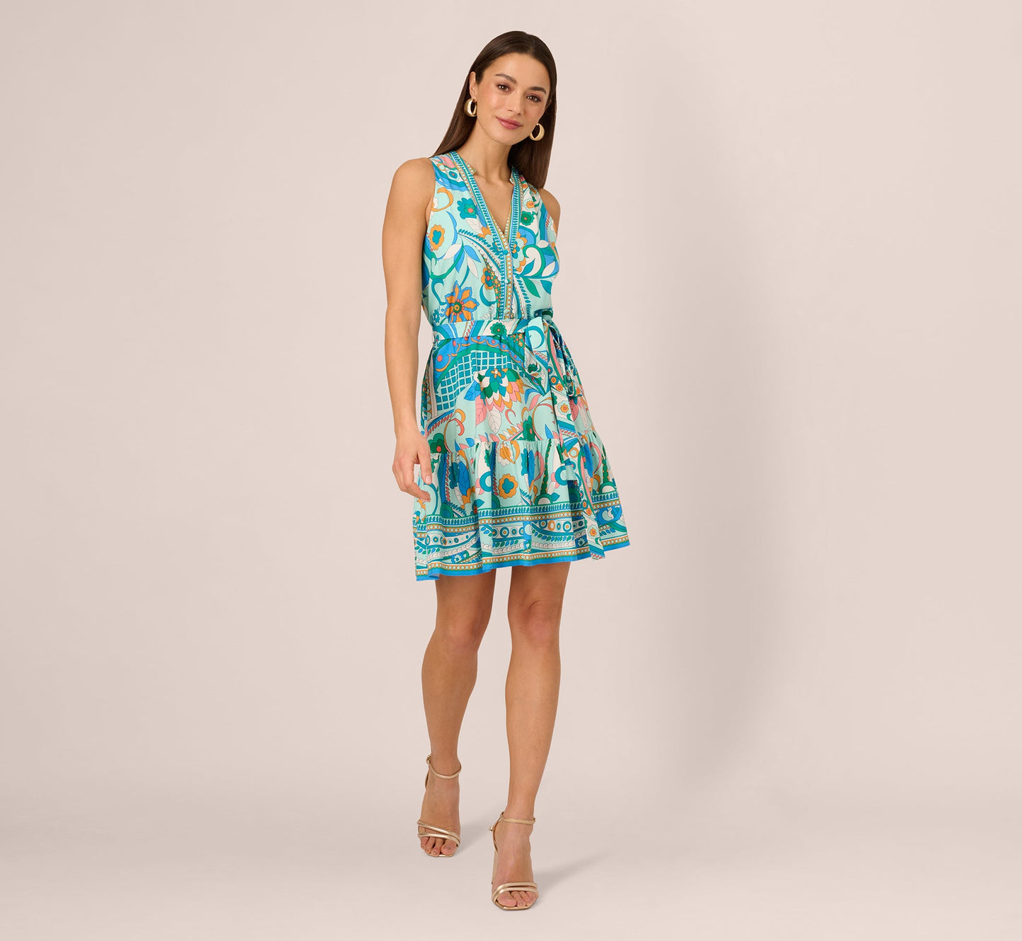 Sleeveless Retro Printed Short Sundress In Mint Multi