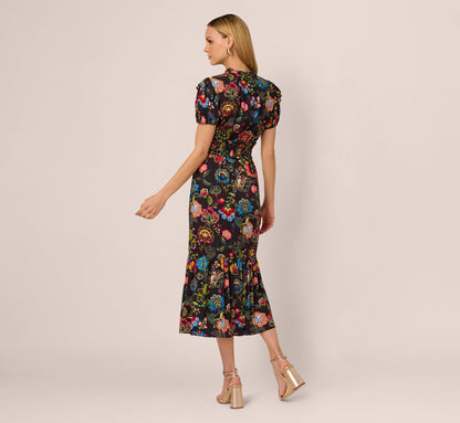 Puff Sleeve Floral Midi Flounce Dress In Black Multi