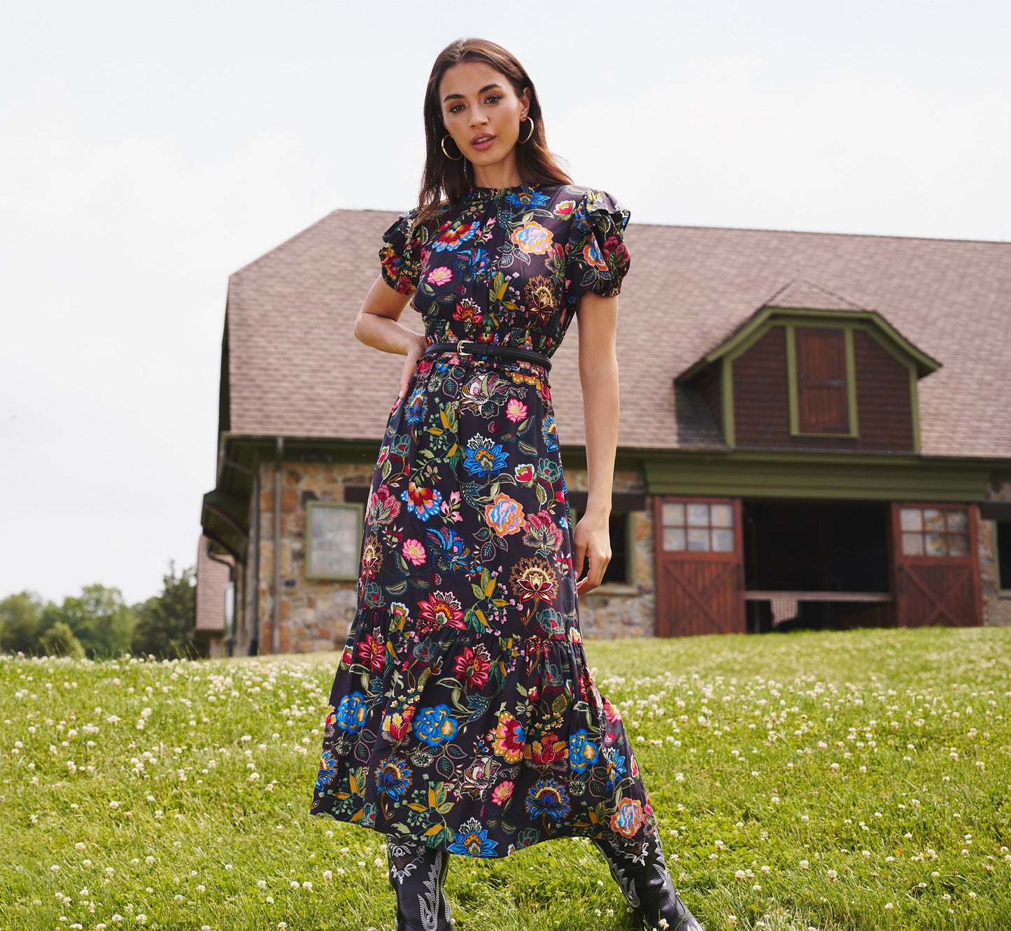 Puff Sleeve Floral Midi Flounce Dress In Black Multi