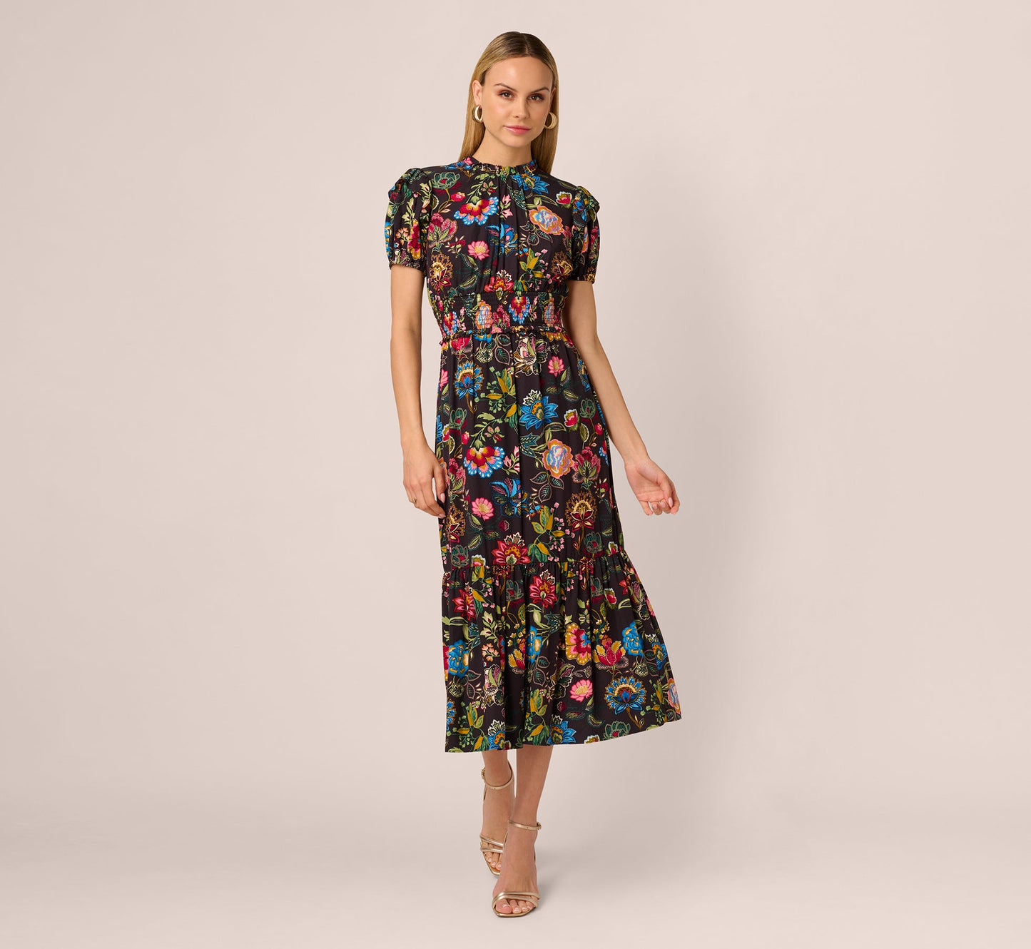 Puff Sleeve Floral Midi Flounce Dress In Black Multi