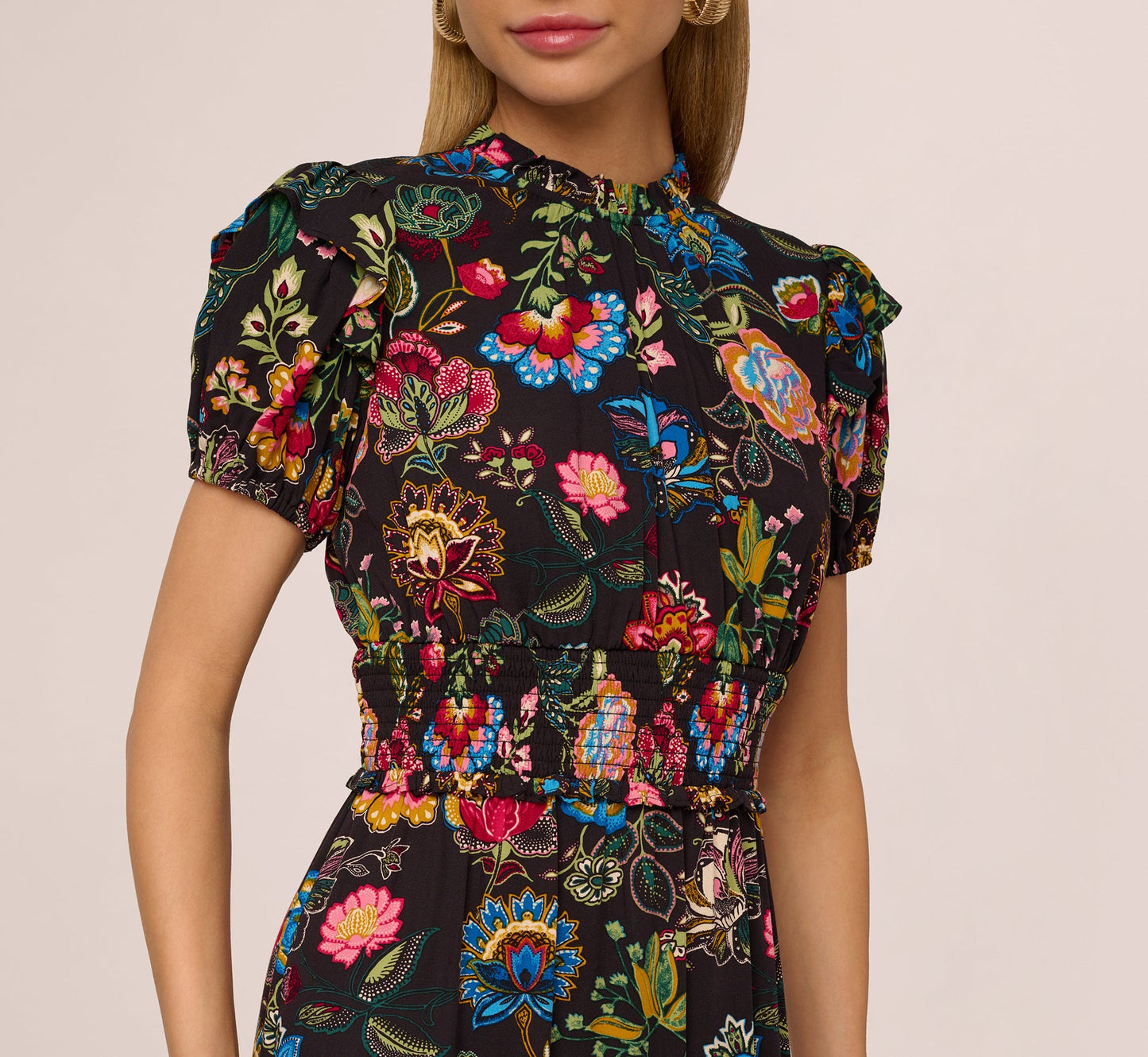 Puff Sleeve Floral Midi Flounce Dress In Black Multi